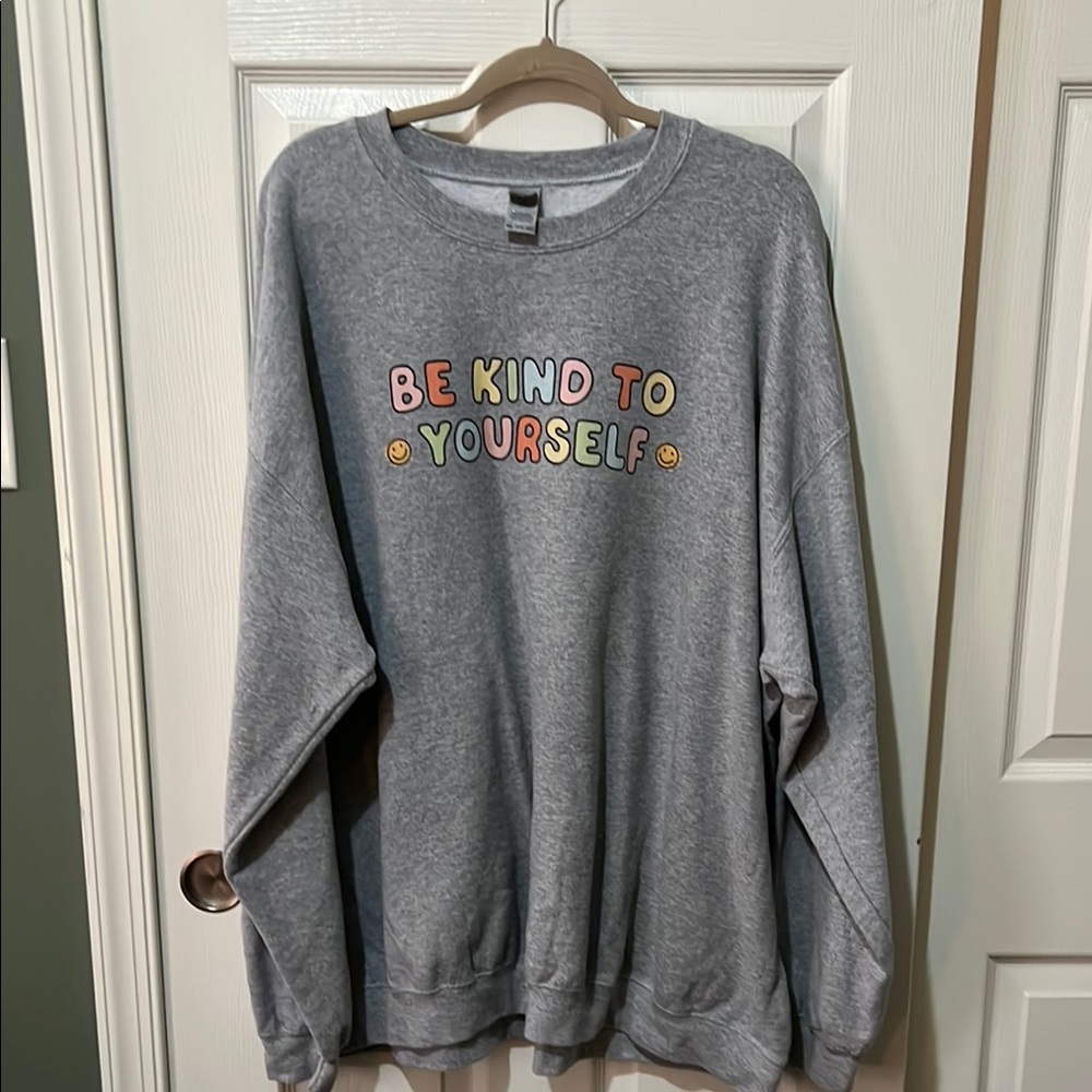 Gray Sweatshirt with Colorful Text
